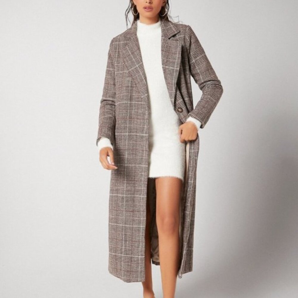 Shein Long Herringbone Plaid Coat